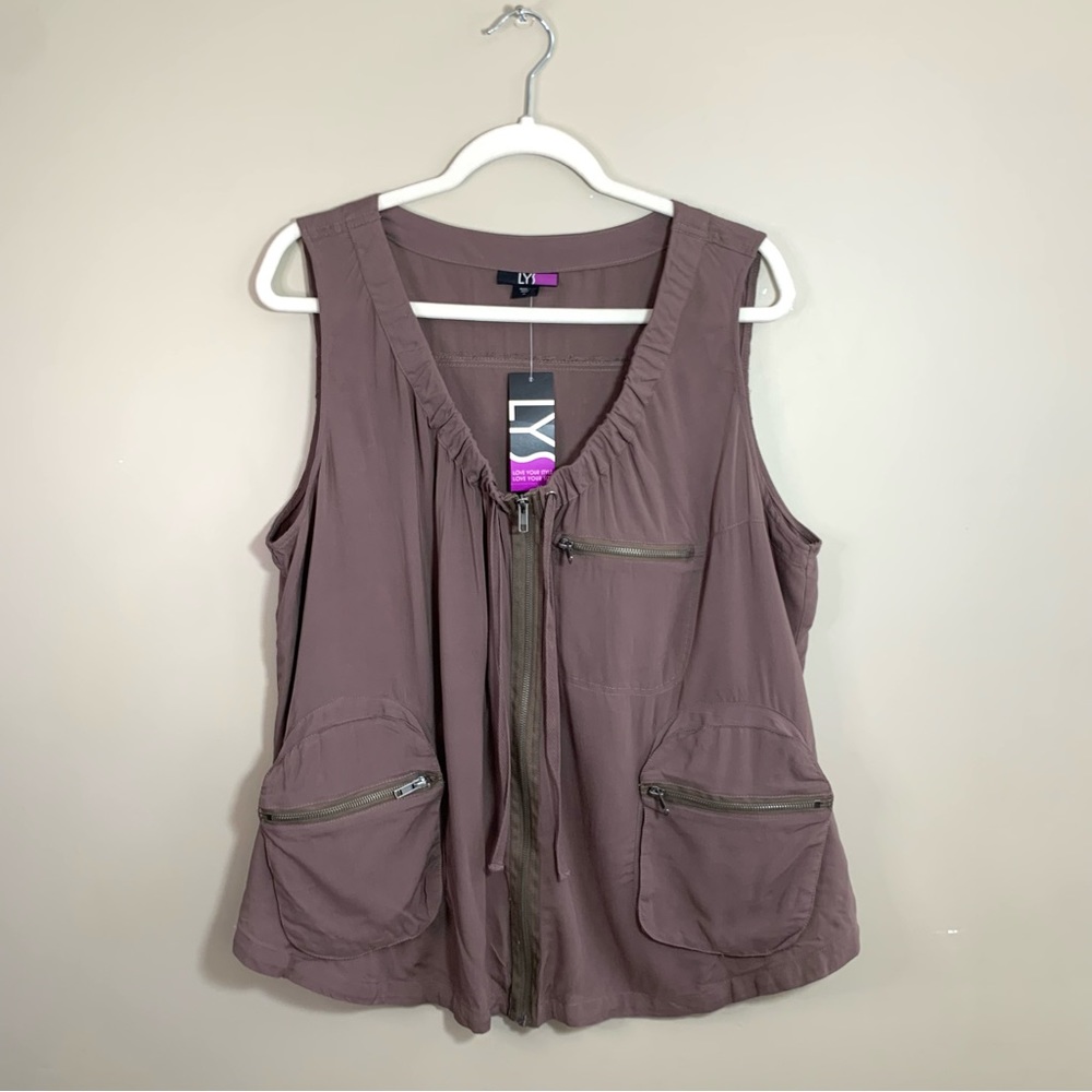 Brown Utility Vest Cargo Lightweight Zip Front Rounded Hem 1X NWT